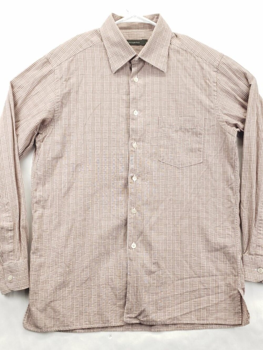Ermenegildo Zegna Shirt Mens Large Brown White Plaid Long Sleeve Classic Button